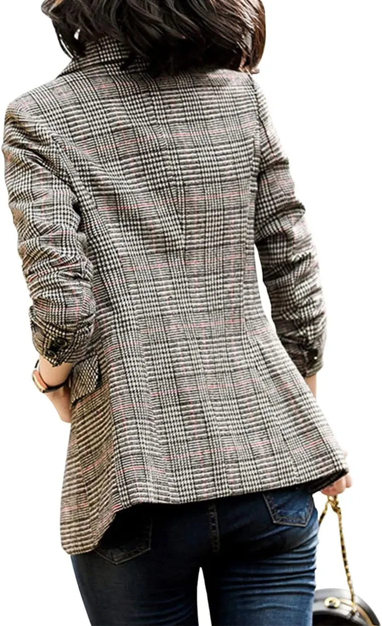ebossy Women's Notch Lapel 2 Button Boyfriend Blazer Suit Houndstooth Plaid Jacket Coat