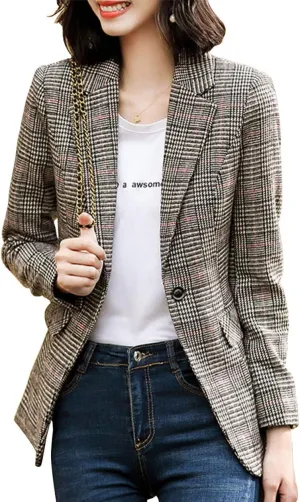 ebossy Women's Notch Lapel 2 Button Boyfriend Blazer Suit Houndstooth Plaid Jacket Coat