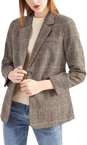 ebossy Women's Notch Lapel 2 Button Boyfriend Blazer Suit Houndstooth Plaid Jacket Coat