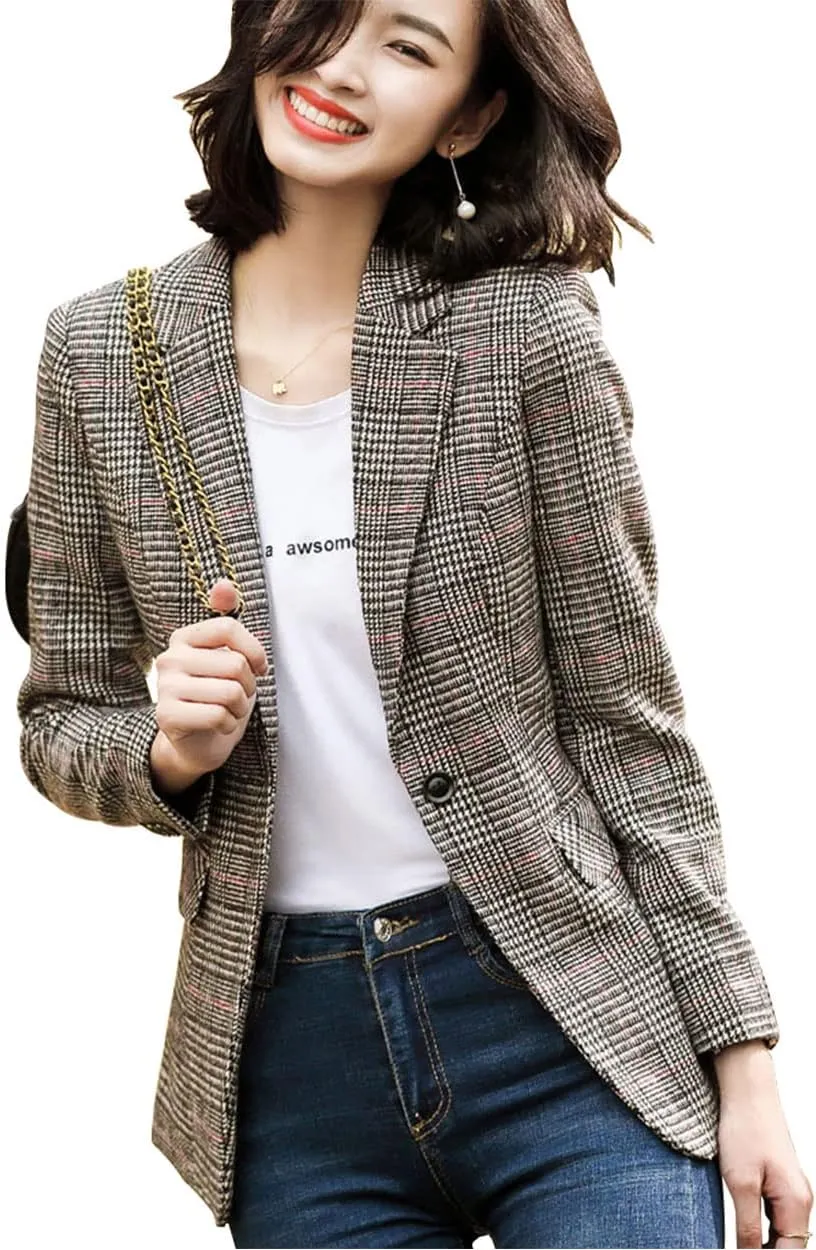 ebossy Women's Notch Lapel 2 Button Boyfriend Blazer Suit Houndstooth Plaid Jacket Coat