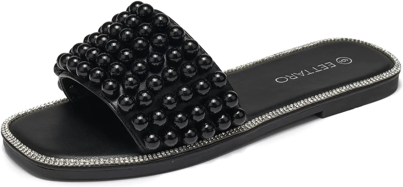 EETTARO Women's Sparkle Pearl Flat Sandals Fashion Square Open Toe Jeweled Slides Slip on Rhinestone Bling Slippers