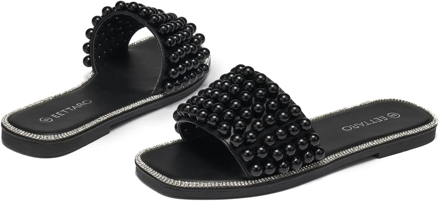 EETTARO Women's Sparkle Pearl Flat Sandals Fashion Square Open Toe Jeweled Slides Slip on Rhinestone Bling Slippers