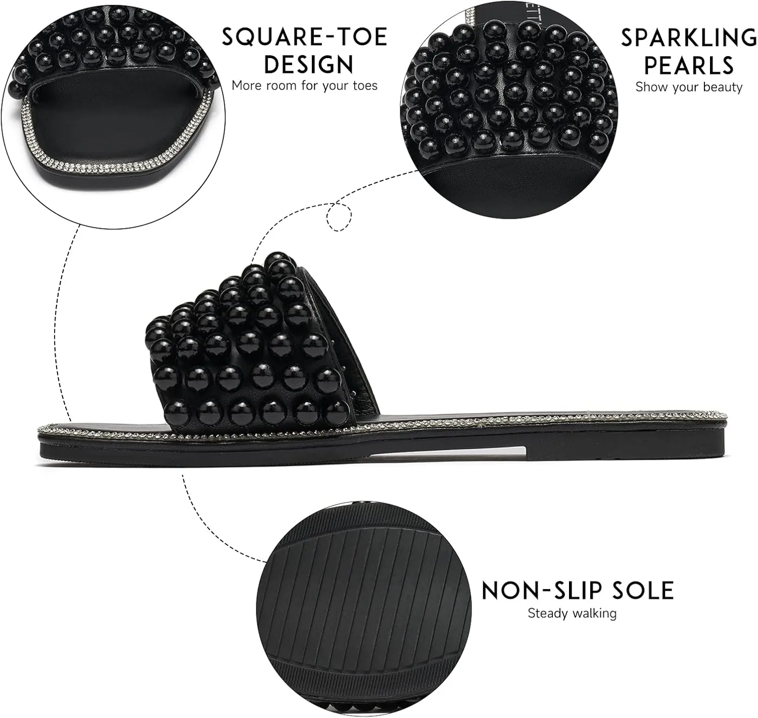 EETTARO Women's Sparkle Pearl Flat Sandals Fashion Square Open Toe Jeweled Slides Slip on Rhinestone Bling Slippers