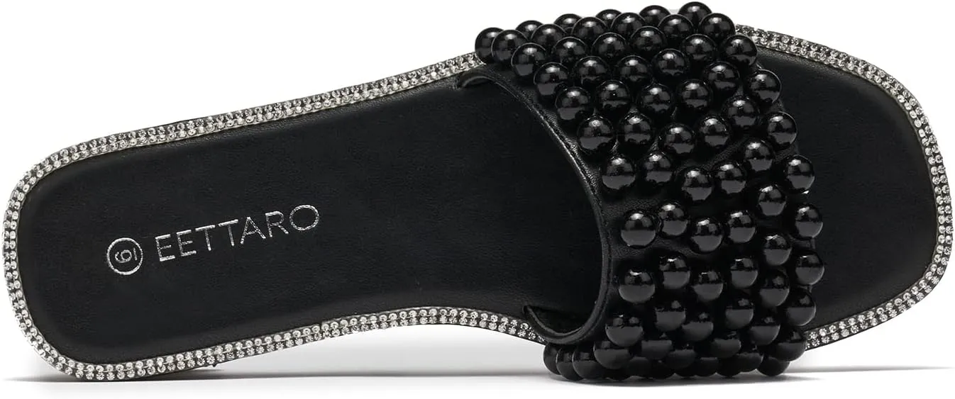 EETTARO Women's Sparkle Pearl Flat Sandals Fashion Square Open Toe Jeweled Slides Slip on Rhinestone Bling Slippers