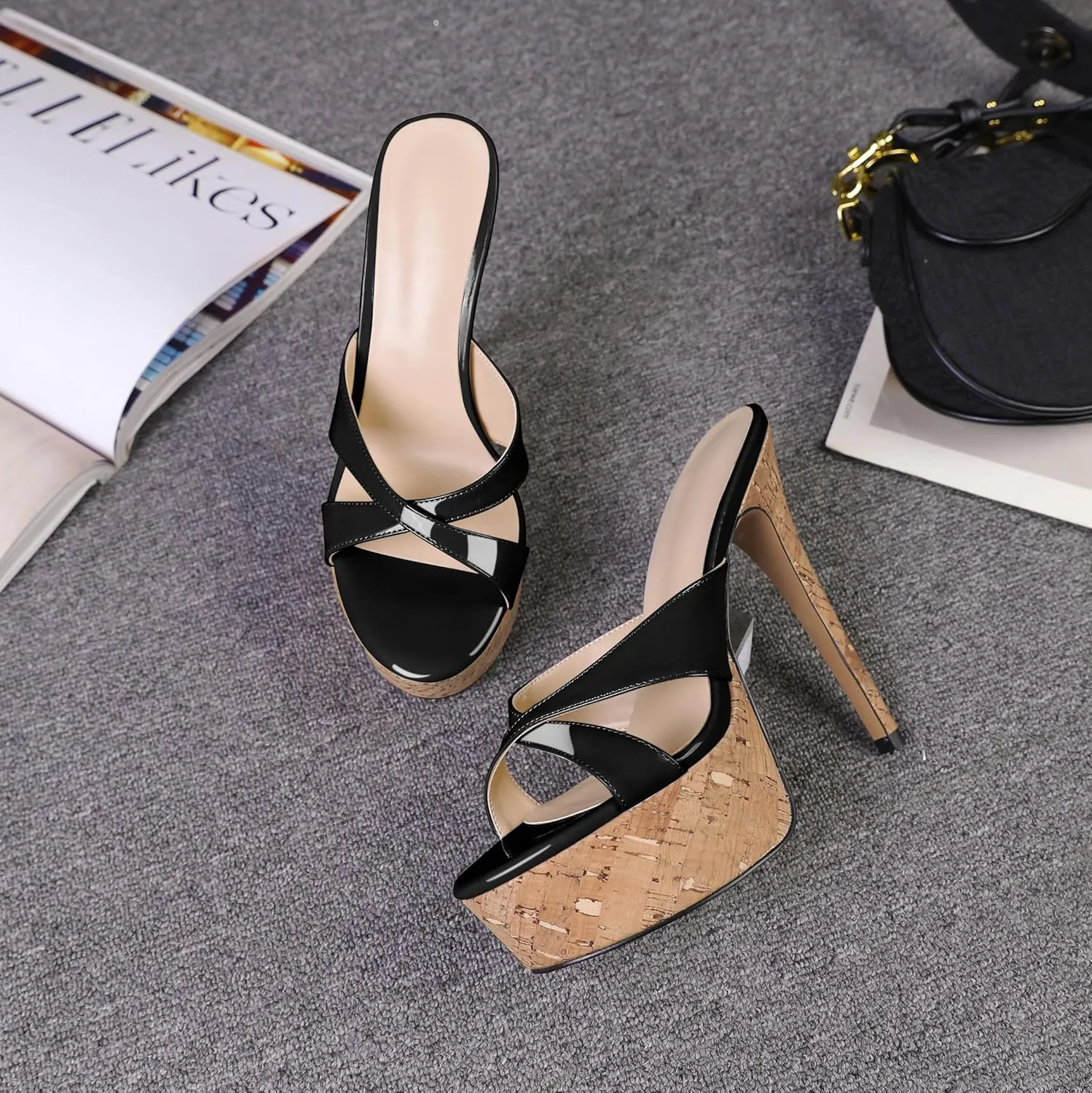 Esvowido Heeled Mules for Women Cork Platform Stiletto Heels Slip on Open Toe High Heeled Sandals Crisscross Slippers Pumps Shoes