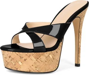 Esvowido Heeled Mules for Women Cork Platform Stiletto Heels Slip on Open Toe High Heeled Sandals Crisscross Slippers Pumps Shoes
