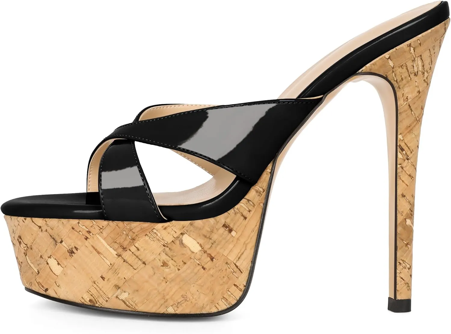 Esvowido Heeled Mules for Women Cork Platform Stiletto Heels Slip on Open Toe High Heeled Sandals Crisscross Slippers Pumps Shoes
