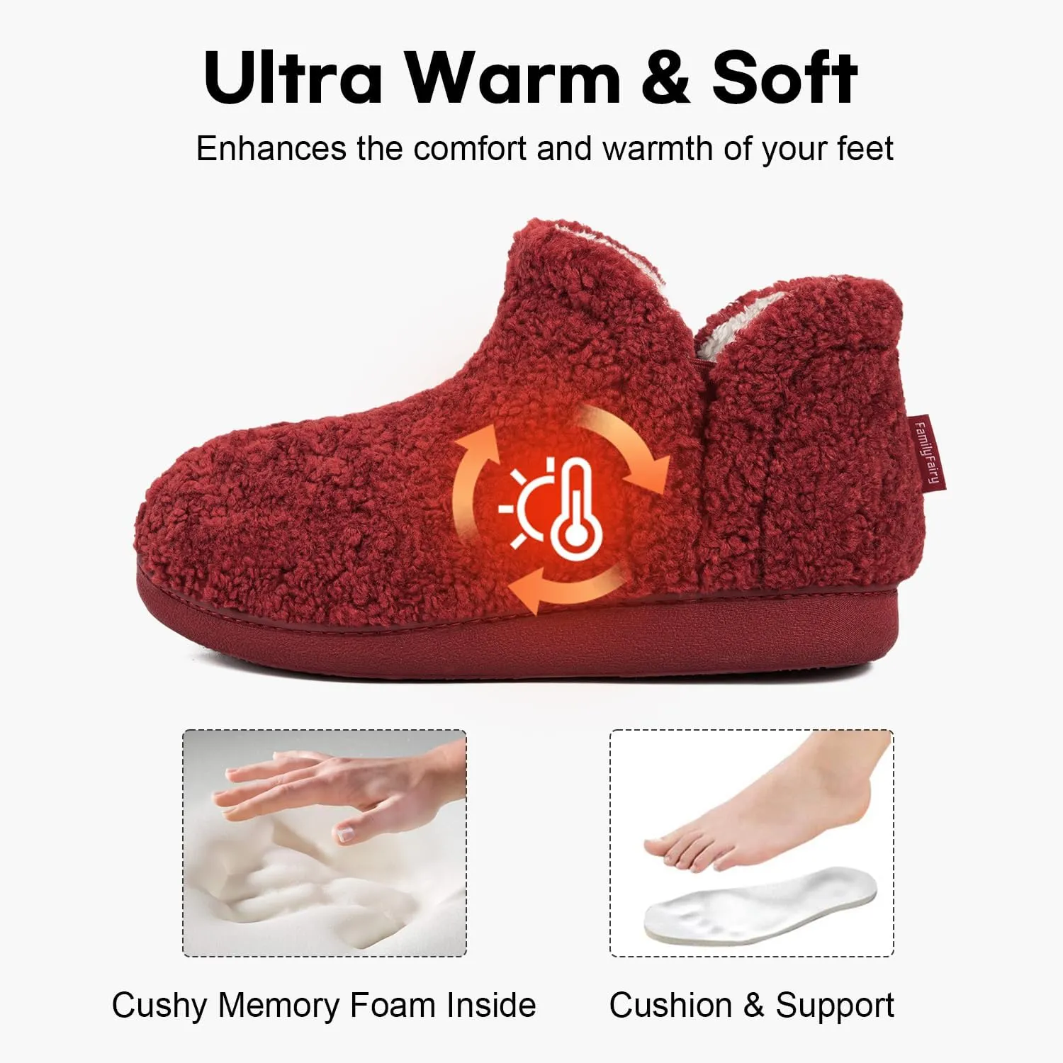 FamilyFairy Bootie Slippers for Women Warm House Shoes Memory Foam Indoor Outdoor Fuzzy Boots with Rubber Sole