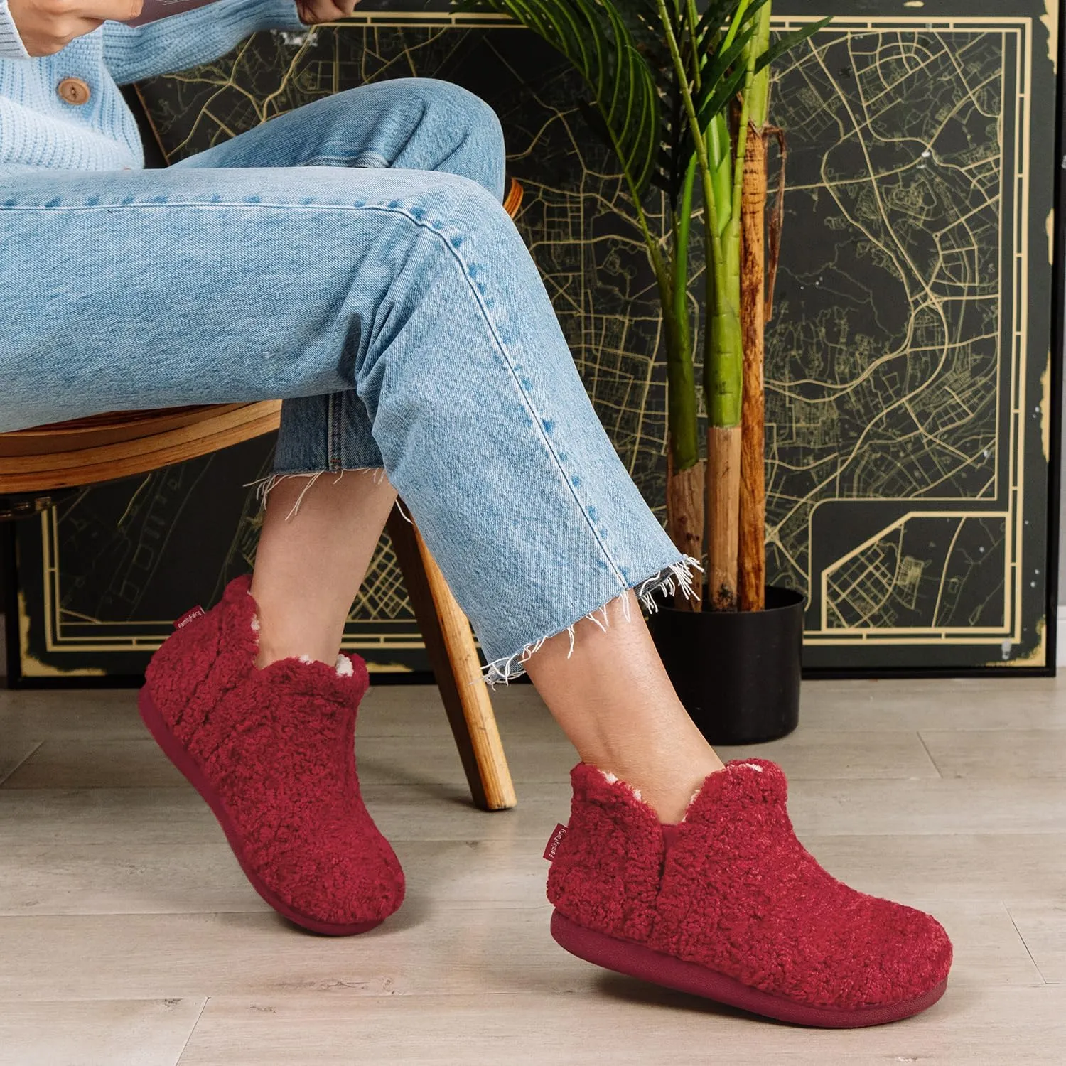 FamilyFairy Bootie Slippers for Women Warm House Shoes Memory Foam Indoor Outdoor Fuzzy Boots with Rubber Sole