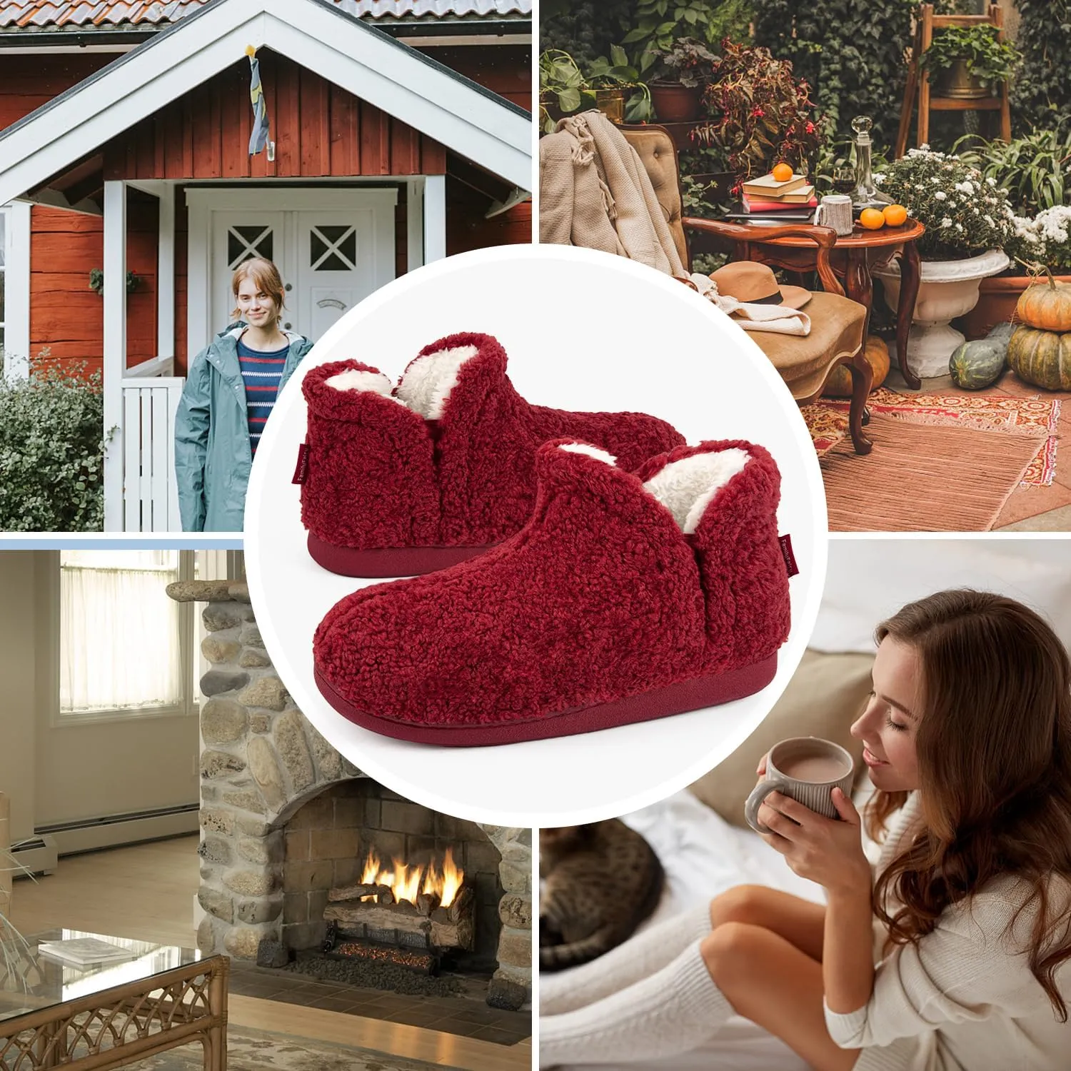 FamilyFairy Bootie Slippers for Women Warm House Shoes Memory Foam Indoor Outdoor Fuzzy Boots with Rubber Sole