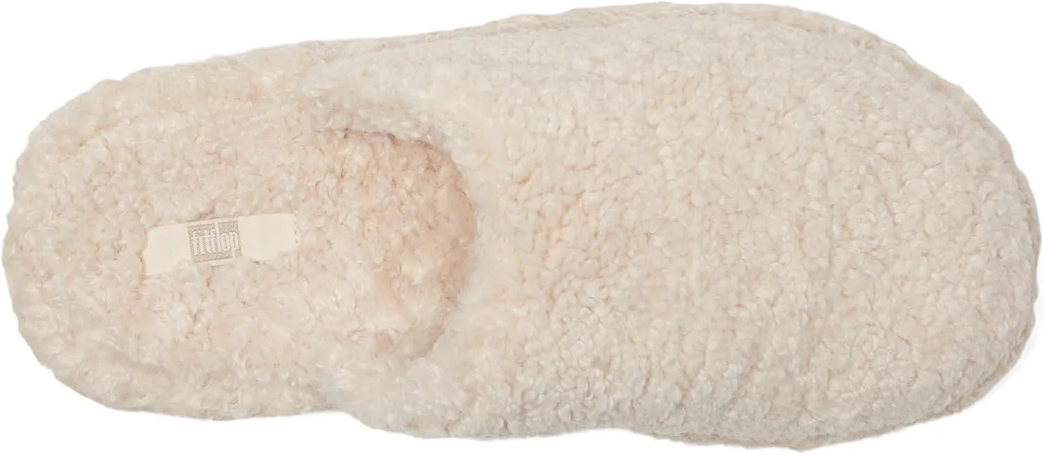 FitFlop iQushion D Luxe Padded Teddy Slipper Mules - Women's Fluffy Cozy House Shoes, Indoor Outdoor Slippers with Arch Support, Ultra Light Cushioning, Slip Resistant Rubber Sole
