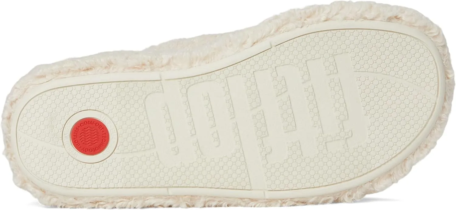 FitFlop iQushion D Luxe Padded Teddy Slipper Mules - Women's Fluffy Cozy House Shoes, Indoor Outdoor Slippers with Arch Support, Ultra Light Cushioning, Slip Resistant Rubber Sole