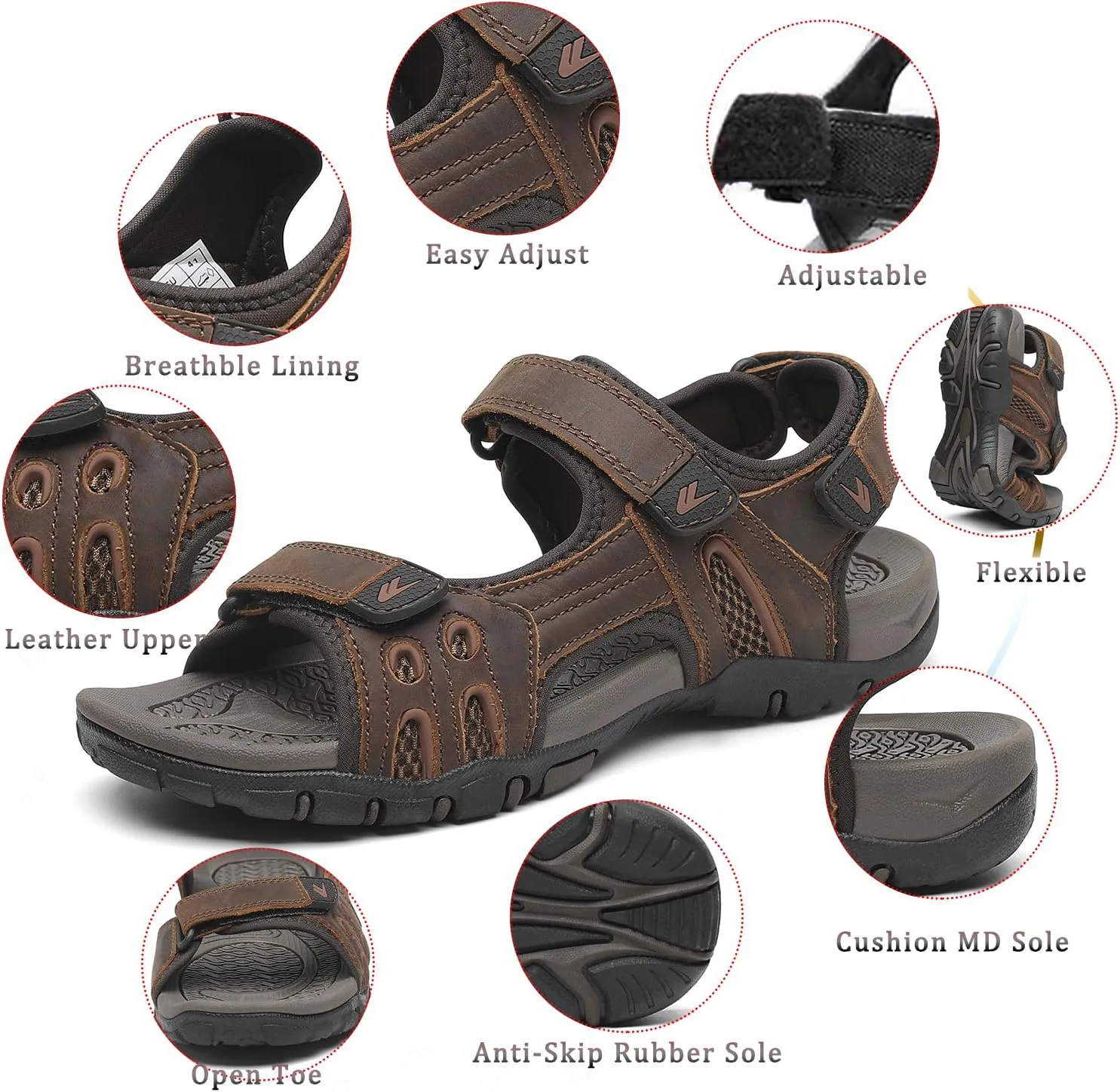 FLARUT Men's Athletic Sandals Sport Outdoor Hiking Sandals Open Toe Leather Walking Sandals Beach Water Shoes