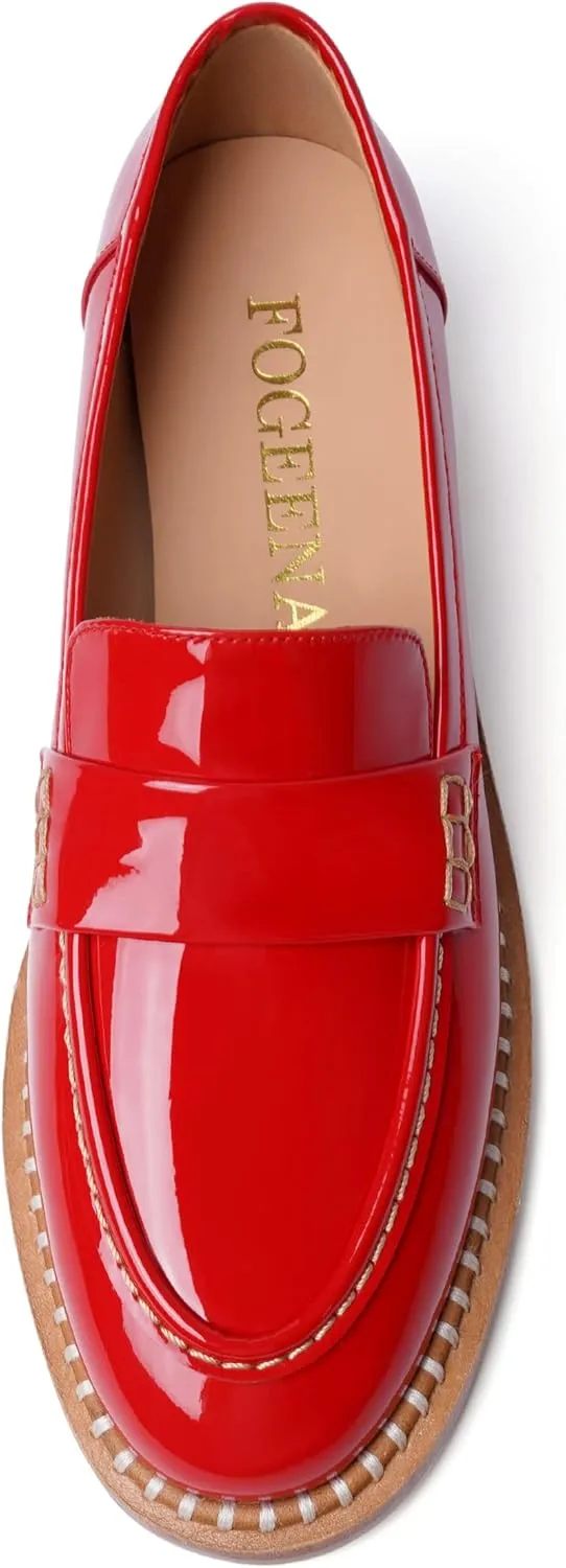 FOGEENA Womens Slip On Penny Fashion Casual Round Toe Patent Leather Chunky Low Heel Loafers Dress Shoes 1 Inch