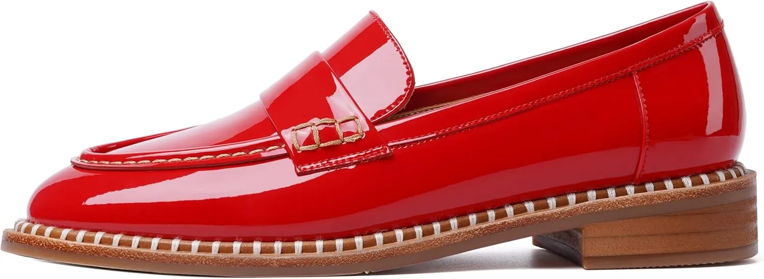 FOGEENA Womens Slip On Penny Fashion Casual Round Toe Patent Leather Chunky Low Heel Loafers Dress Shoes 1 Inch