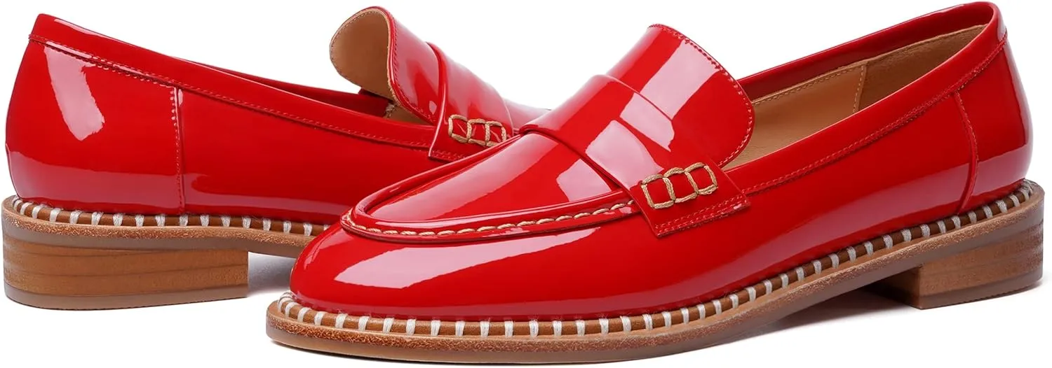 FOGEENA Womens Slip On Penny Fashion Casual Round Toe Patent Leather Chunky Low Heel Loafers Dress Shoes 1 Inch