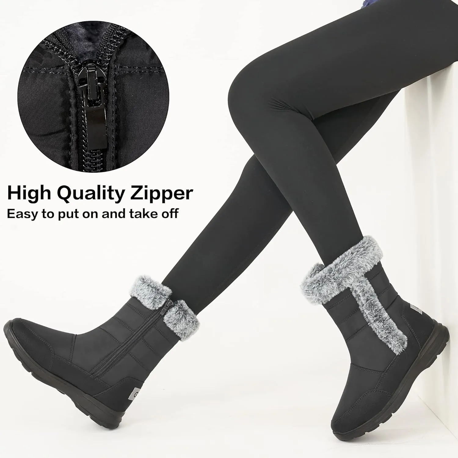FUDYNMALC Snow Boots for Women Winter: Waterproof Lightweight Mid Calf Boots - Warm Fur Lined Outdoor Womens Boots With Zipper