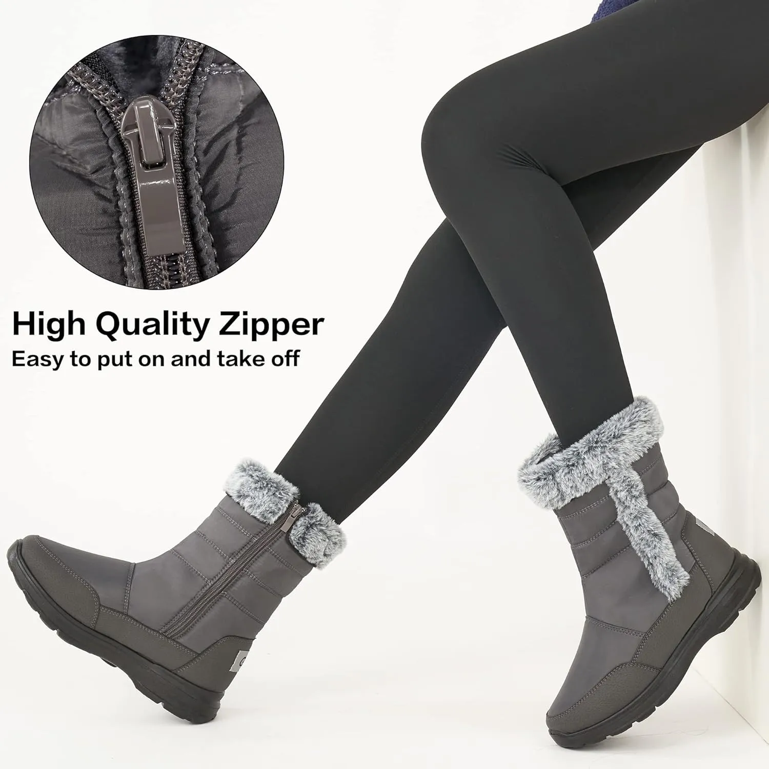 FUDYNMALC Snow Boots for Women Winter: Waterproof Lightweight Mid Calf Boots - Warm Fur Lined Outdoor Womens Boots With Zipper