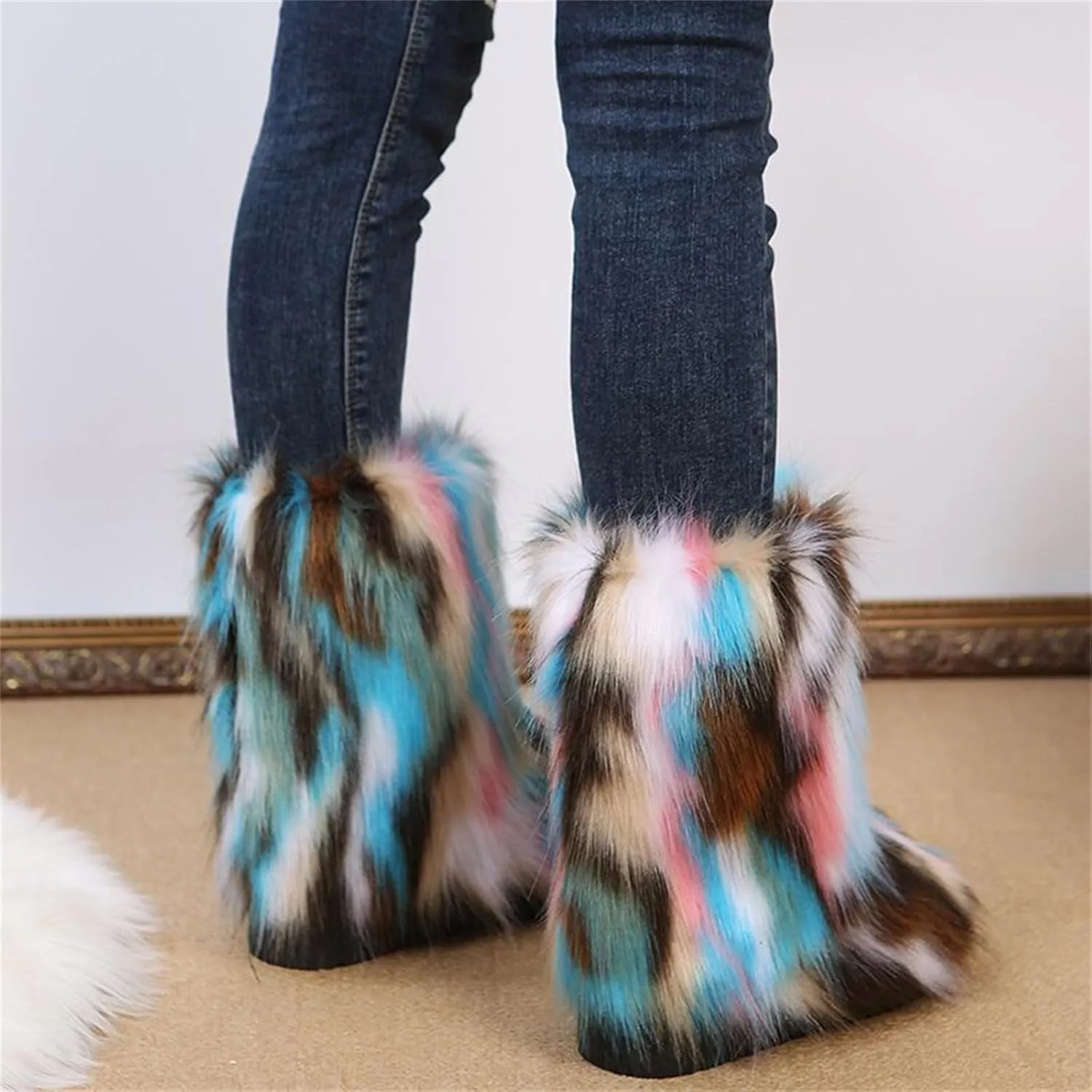 Furry Faux Fur Boots for Women Outdoor Flat Shoes Winter Warm Fuzzy Fluffy Furry Ankle Boots Mid Calf Snow Booties