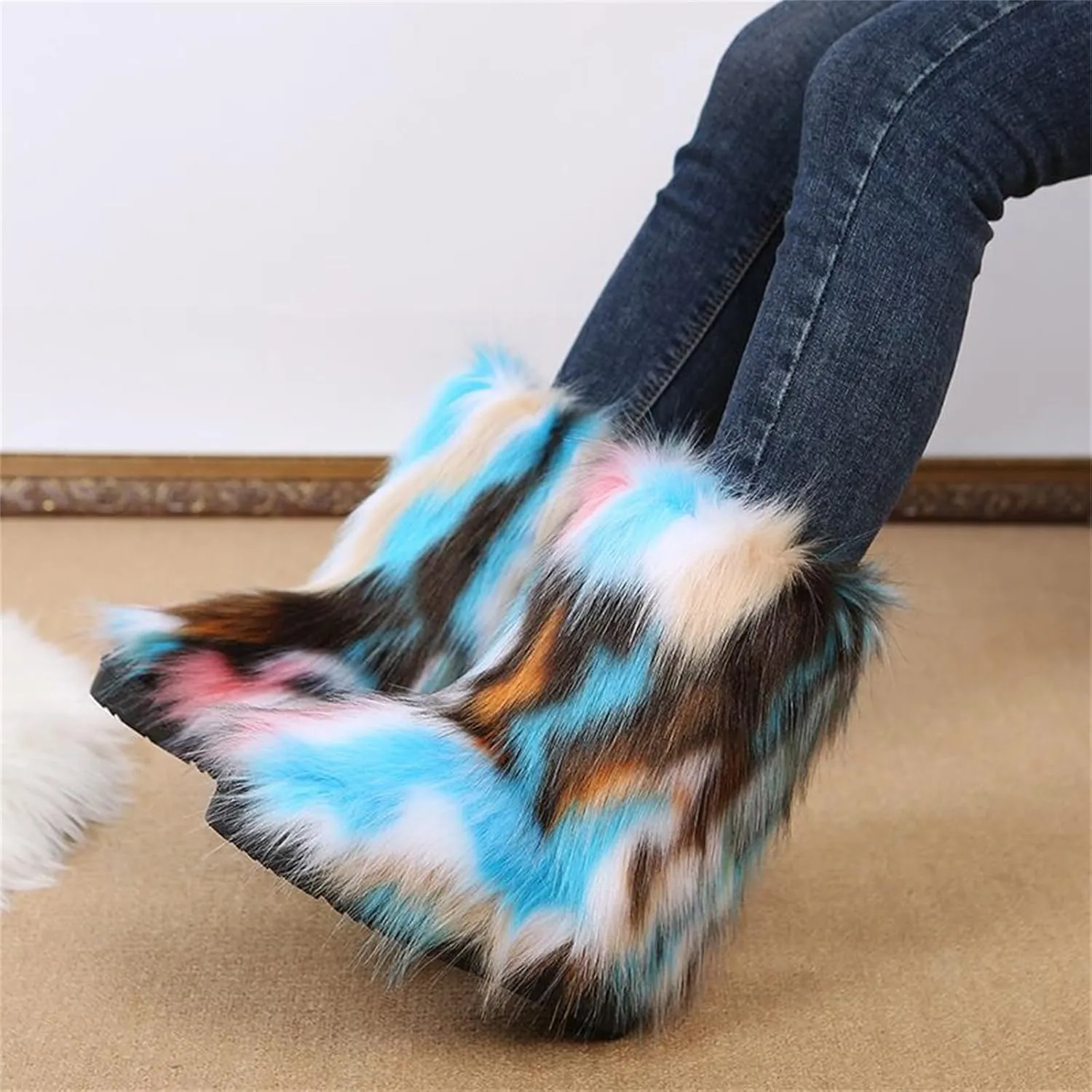 Furry Faux Fur Boots for Women Outdoor Flat Shoes Winter Warm Fuzzy Fluffy Furry Ankle Boots Mid Calf Snow Booties