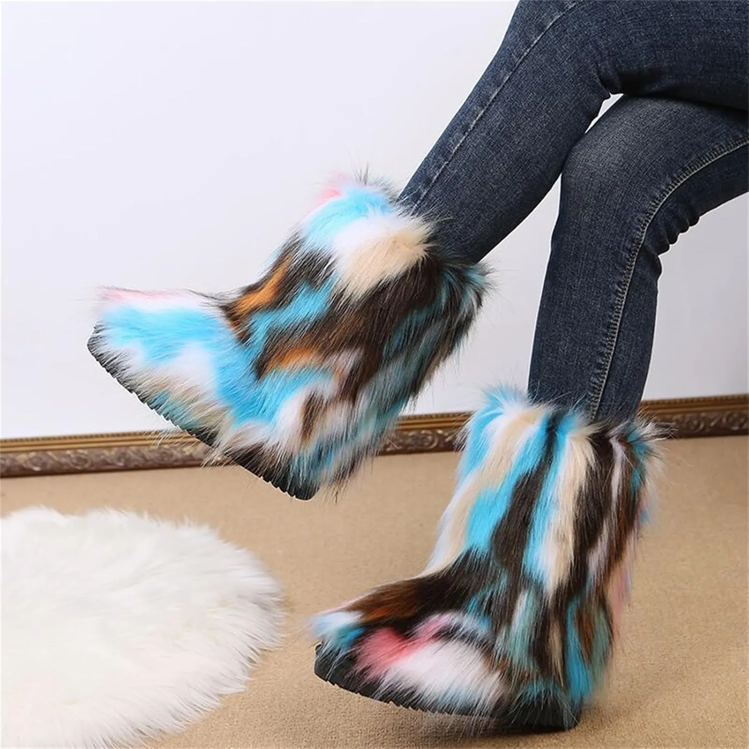 Furry Faux Fur Boots for Women Outdoor Flat Shoes Winter Warm Fuzzy Fluffy Furry Ankle Boots Mid Calf Snow Booties