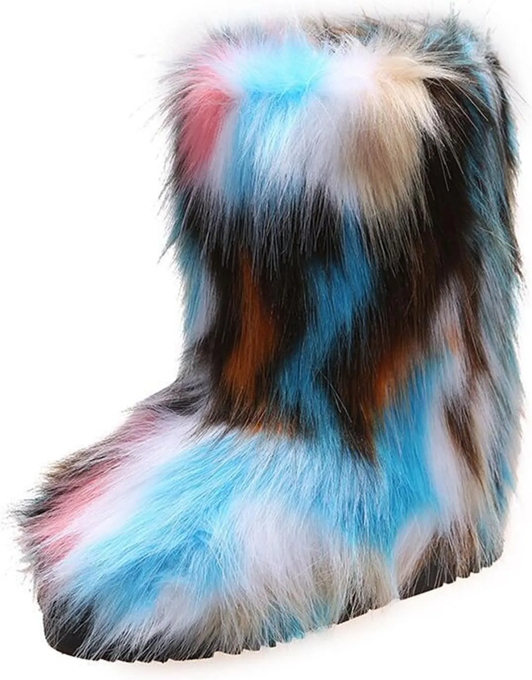 Furry Faux Fur Boots for Women Outdoor Flat Shoes Winter Warm Fuzzy Fluffy Furry Ankle Boots Mid Calf Snow Booties