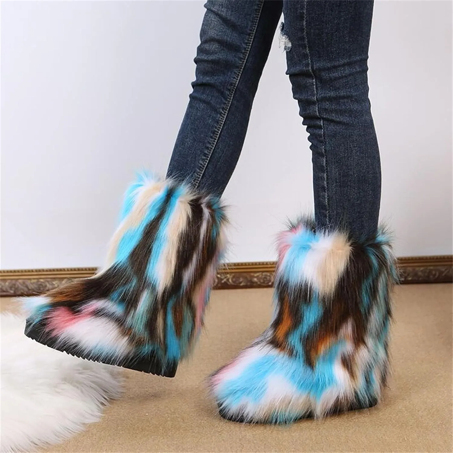 Furry Faux Fur Boots for Women Outdoor Flat Shoes Winter Warm Fuzzy Fluffy Furry Ankle Boots Mid Calf Snow Booties
