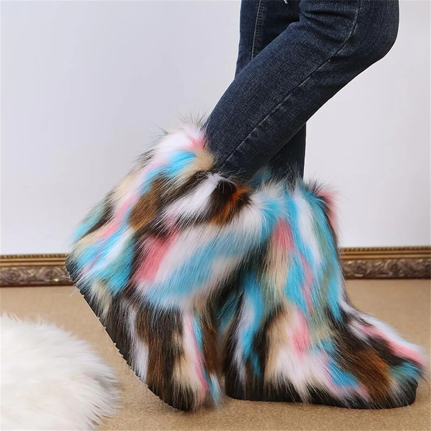 Furry Faux Fur Boots for Women Outdoor Flat Shoes Winter Warm Fuzzy Fluffy Furry Ankle Boots Mid Calf Snow Booties