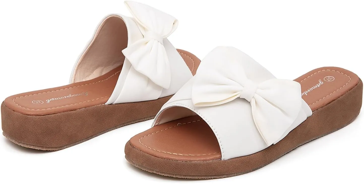 getmorebeauty Women's Cute Bow Wedge Sandals Slip On Open Toe Mules Clogs Slides Sandals Summer Shoes