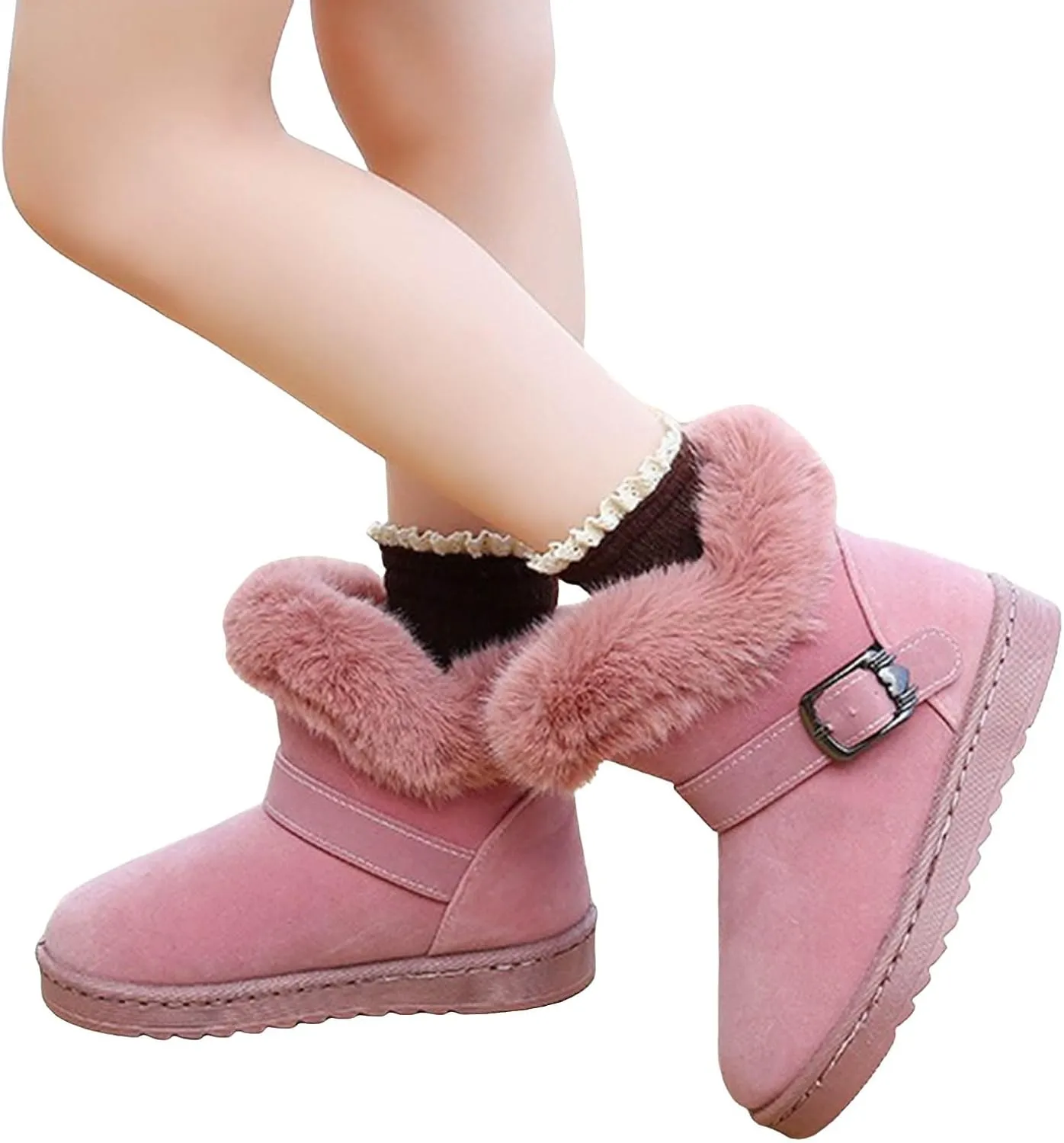 Girls Winter Boots Memory Foam Mini Snow Shoes Warm Fuzzy Boots Wide Calf Ankle Boots Flat Thick Bottom Suede Boots