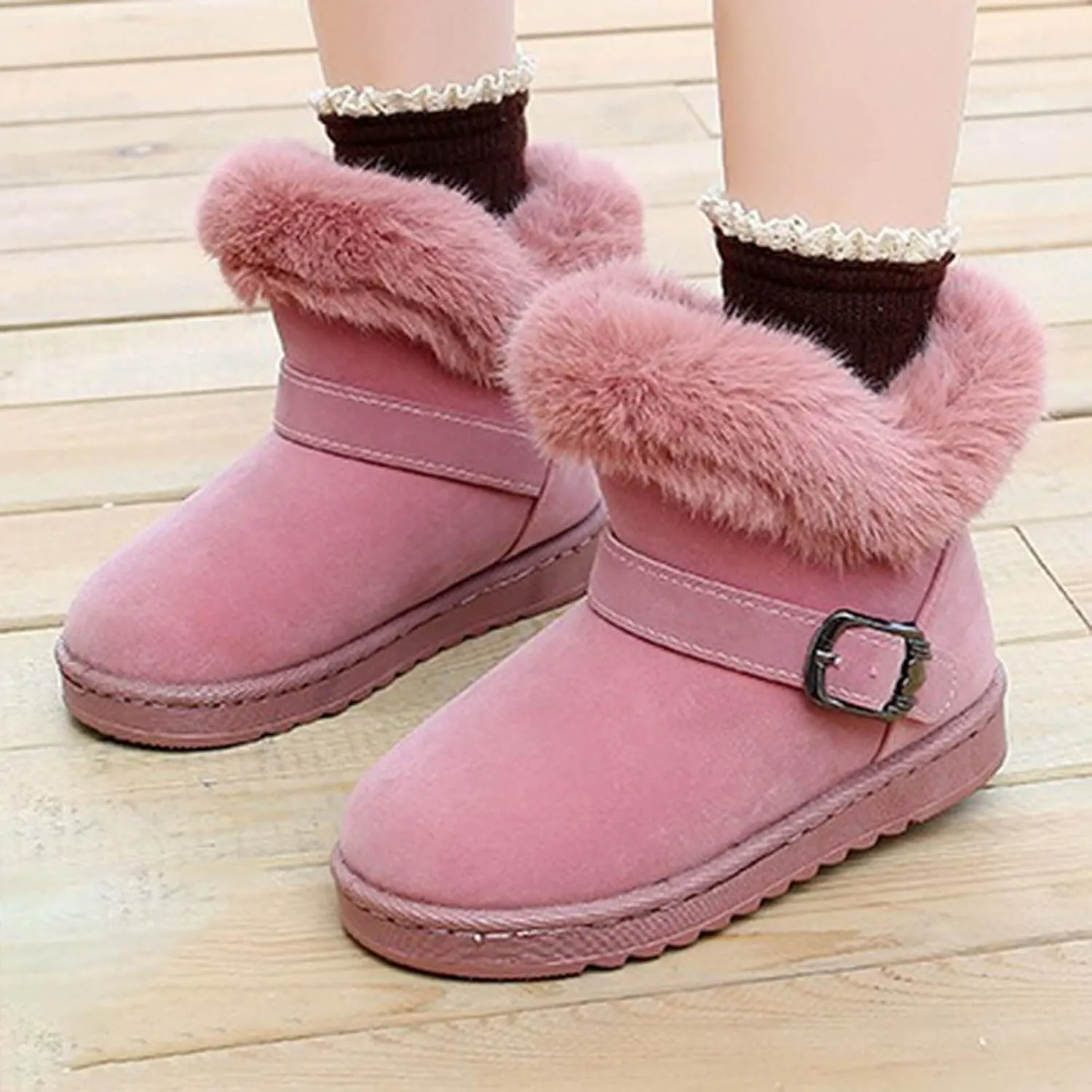 Girls Winter Boots Memory Foam Mini Snow Shoes Warm Fuzzy Boots Wide Calf Ankle Boots Flat Thick Bottom Suede Boots