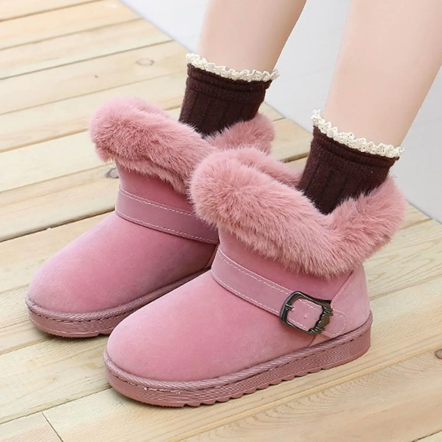 Girls Winter Boots Memory Foam Mini Snow Shoes Warm Fuzzy Boots Wide Calf Ankle Boots Flat Thick Bottom Suede Boots
