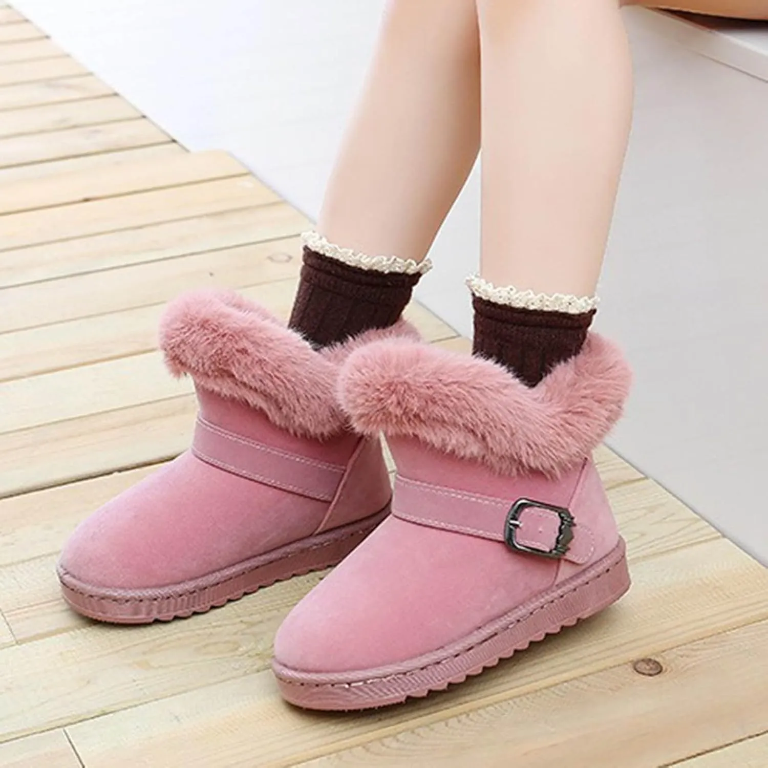 Girls Winter Boots Memory Foam Mini Snow Shoes Warm Fuzzy Boots Wide Calf Ankle Boots Flat Thick Bottom Suede Boots