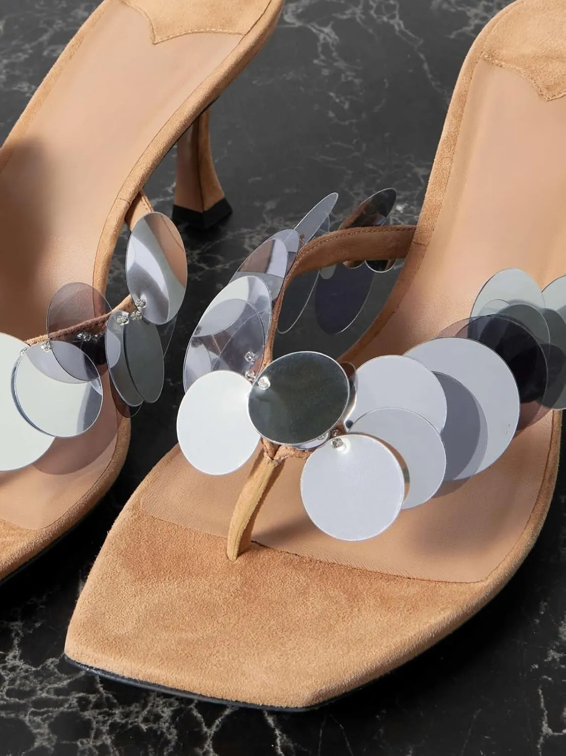 Goolita Women's Suede Sequin Stiletto Heels Flip Flops Open Square Toe Strappy Thong Slide Heeled Sandals Comfort Prom Party Mules Heels