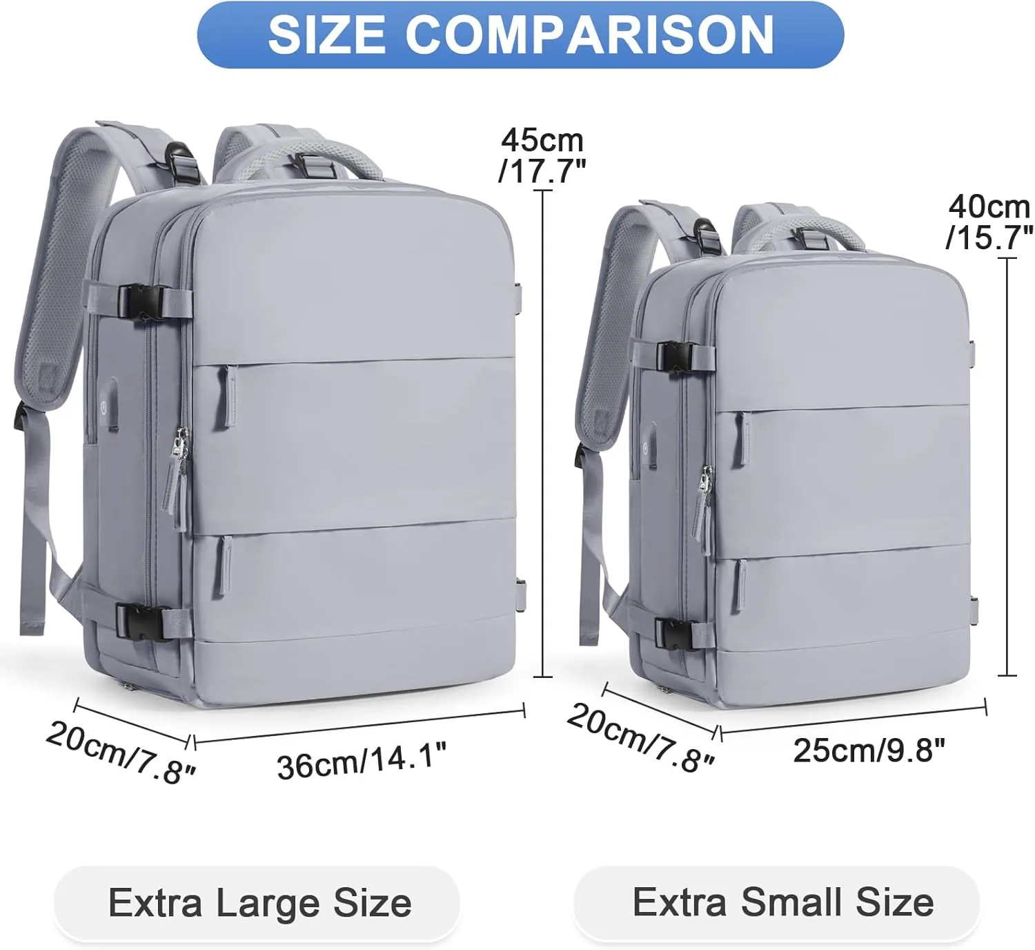 Grey Travel Backpack - Carry On Flight Approved Mochila De Viaje Personal Item - Large Backpack for Men & Women - 18x14x8 Inches