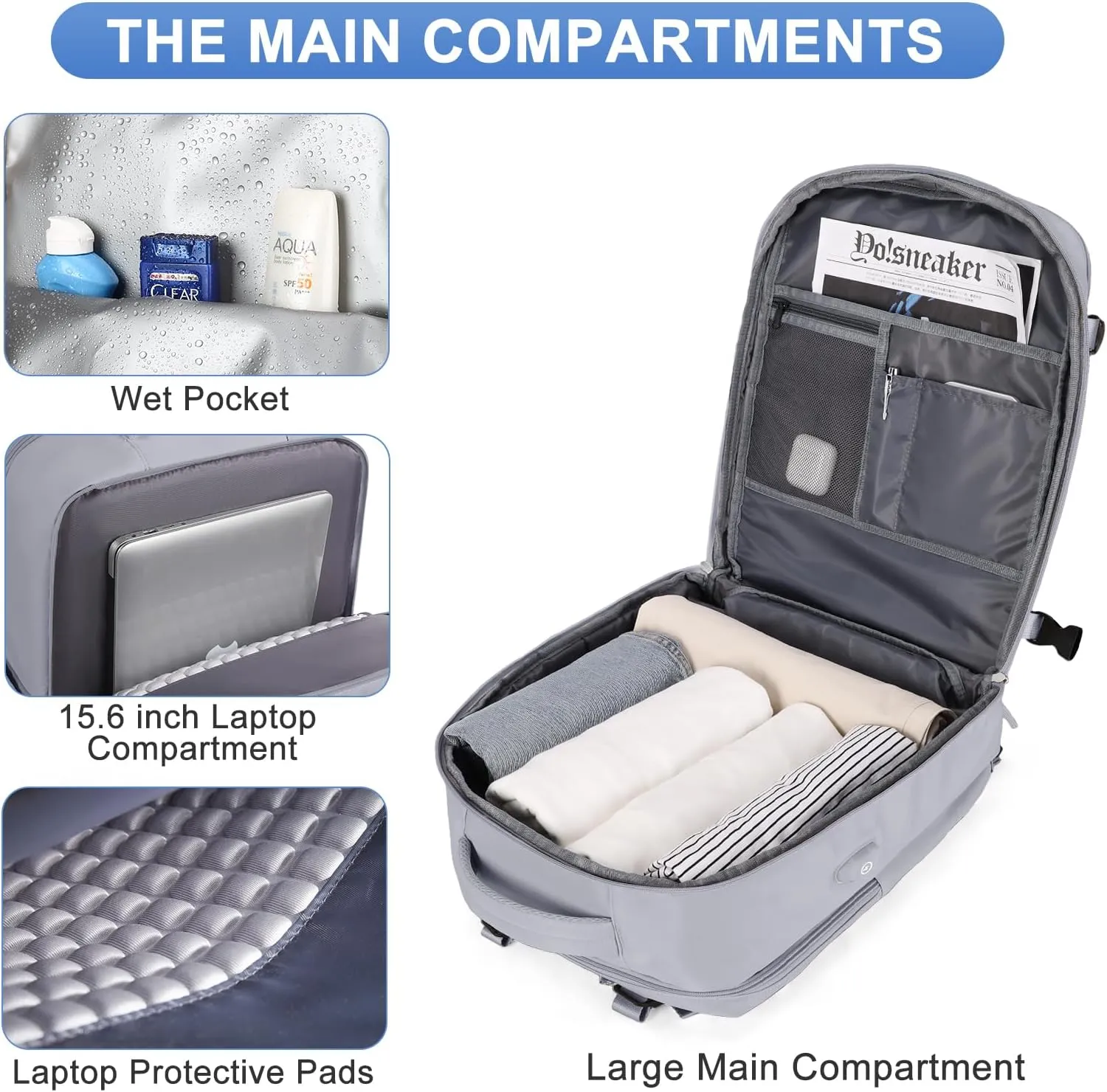 Grey Travel Backpack - Carry On Flight Approved Mochila De Viaje Personal Item - Large Backpack for Men & Women - 18x14x8 Inches