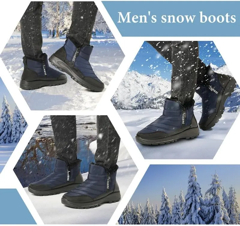 Hanani Mens Winter Snow Boots Fur Lined Warm Ankle Boots Zipper Closure Waterproof Outdoor Boots Men's Lightweight Comfortable Shoes
