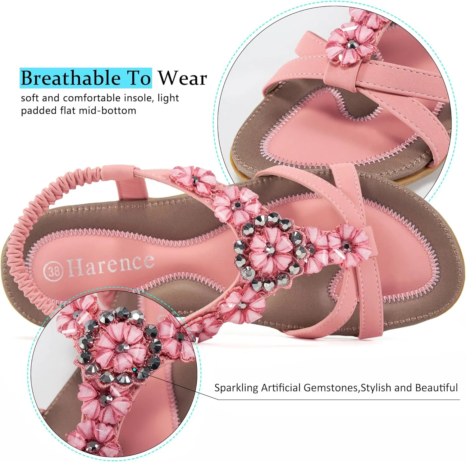 HARENCE Sandals Women Summer Flats: Comfortable Elastic Ankle Strap Dress Flat Shoes Casual Slip on Open Toe Bling Bohemian Beach Sandal