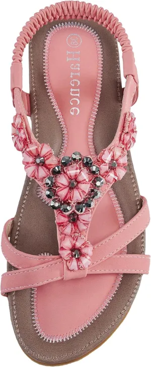 HARENCE Sandals Women Summer Flats: Comfortable Elastic Ankle Strap Dress Flat Shoes Casual Slip on Open Toe Bling Bohemian Beach Sandal