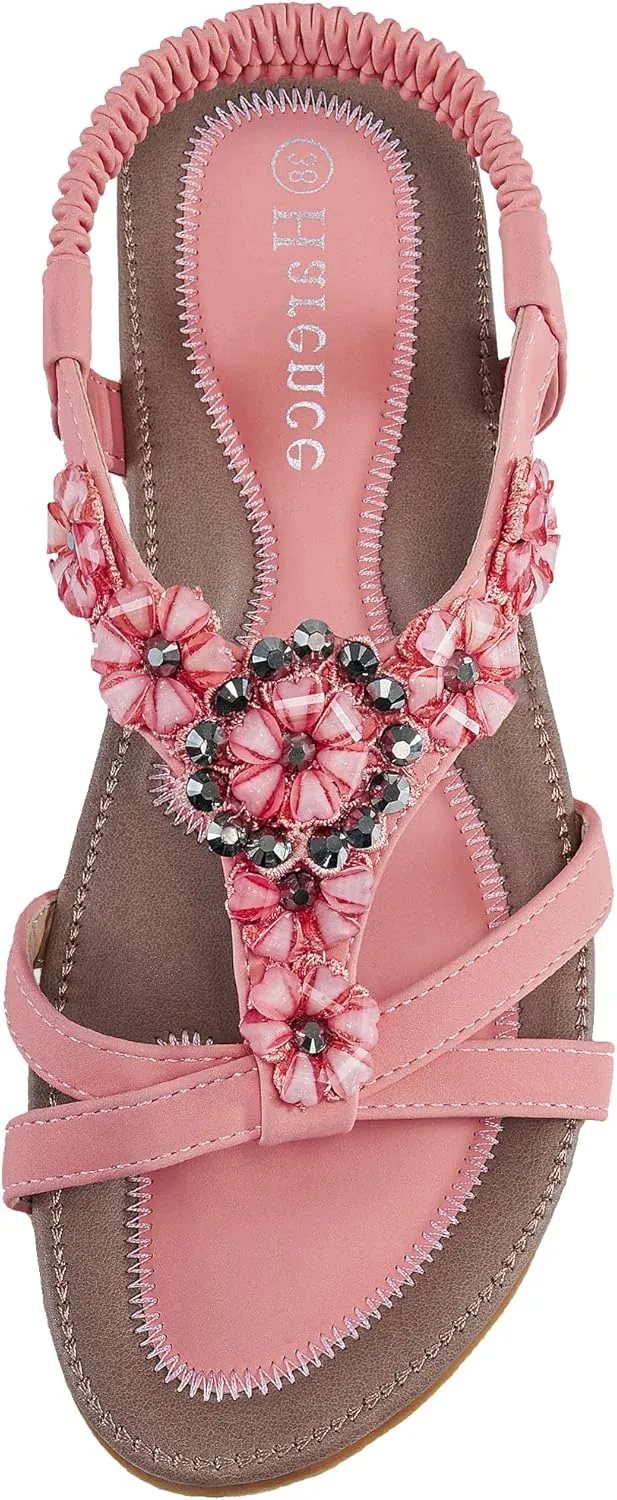 HARENCE Sandals Women Summer Flats: Comfortable Elastic Ankle Strap Dress Flat Shoes Casual Slip on Open Toe Bling Bohemian Beach Sandal