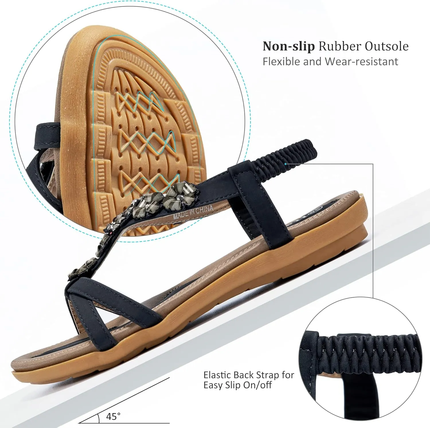 HARENCE Sandals Women Summer Flats: Comfortable Elastic Ankle Strap Dress Flat Shoes Casual Slip on Open Toe Bling Bohemian Beach Sandal