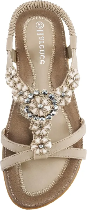 HARENCE Sandals Women Summer Flats: Comfortable Elastic Ankle Strap Dress Flat Shoes Casual Slip on Open Toe Bling Bohemian Beach Sandal