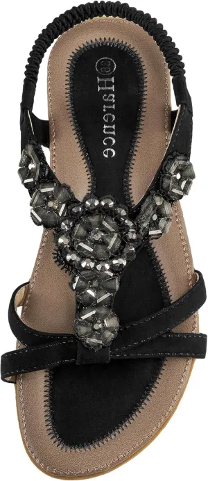 HARENCE Sandals Women Summer Flats: Comfortable Elastic Ankle Strap Dress Flat Shoes Casual Slip on Open Toe Bling Bohemian Beach Sandal