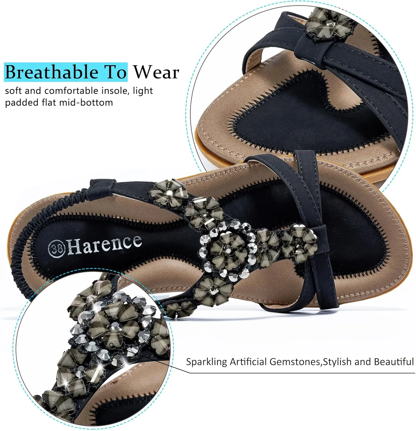 HARENCE Sandals Women Summer Flats: Comfortable Elastic Ankle Strap Dress Flat Shoes Casual Slip on Open Toe Bling Bohemian Beach Sandal