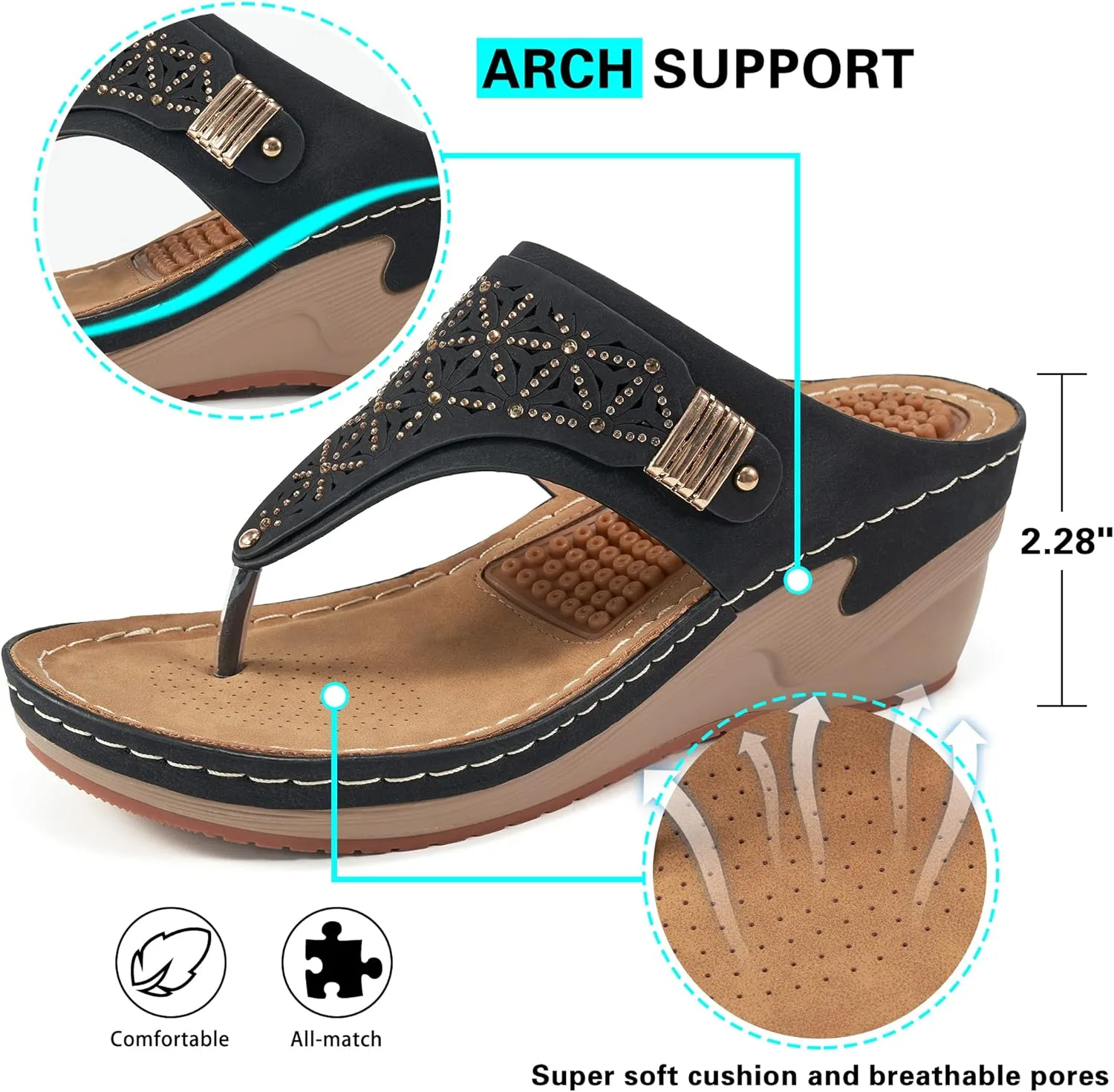 HARENCE Wedge Sandals for Women Dressy: Comfortable Cushion Footbed Summer Platform Sandals Slip on Walking Beach Wedges Shoes