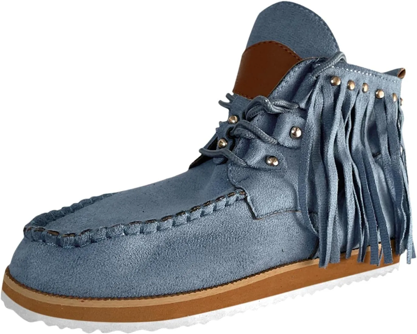 Hbeylia Boho Ankle Booties For Women Ladies With Fringes Ethnic Bohemian Vintage Suede Tassel Lace Up Wide Round Toe Chunky Bottom Heels Low Top Short Boots Retro Beach Slip On Dress Walking Shoes
