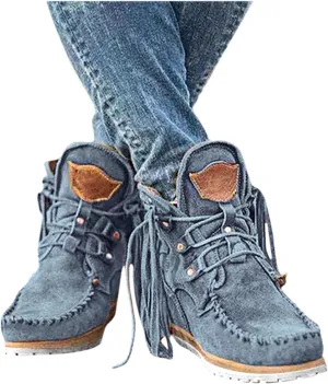 Hbeylia Boho Ankle Booties For Women Ladies With Fringes Ethnic Bohemian Vintage Suede Tassel Lace Up Wide Round Toe Chunky Bottom Heels Low Top Short Boots Retro Beach Slip On Dress Walking Shoes