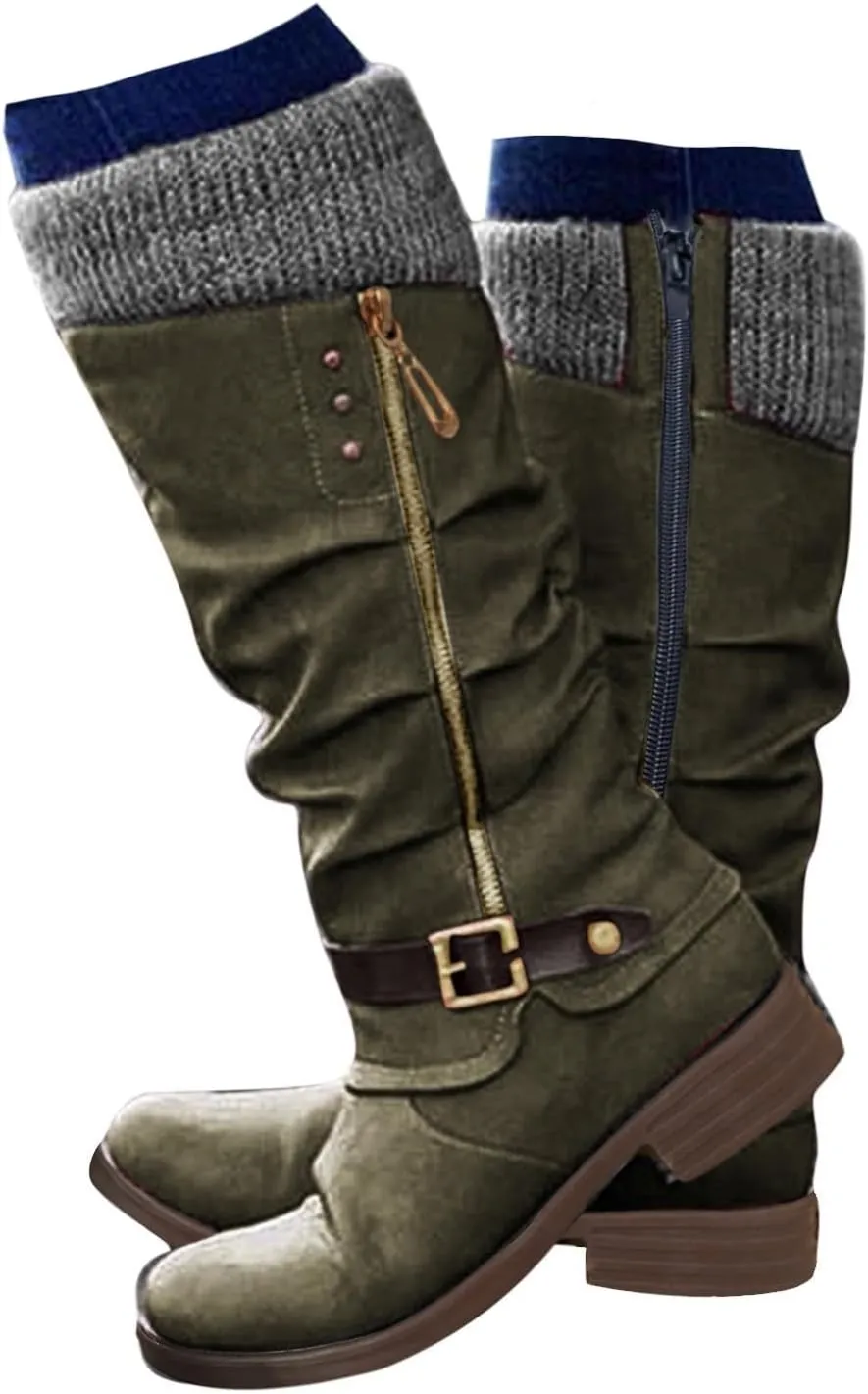 Hbeylia Knee High Boots for Women Mid Calf Flats Boots Sweater Knitted Cuff Fashion Side Zip Buckles Winter Boots Low Heel Motorcycle Riding Boots Round Toe Comfortable Tall Boots