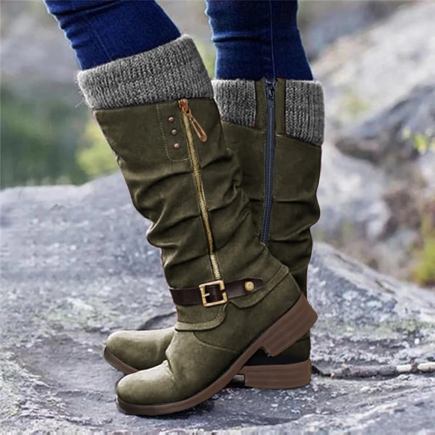 Hbeylia Knee High Boots for Women Mid Calf Flats Boots Sweater Knitted Cuff Fashion Side Zip Buckles Winter Boots Low Heel Motorcycle Riding Boots Round Toe Comfortable Tall Boots