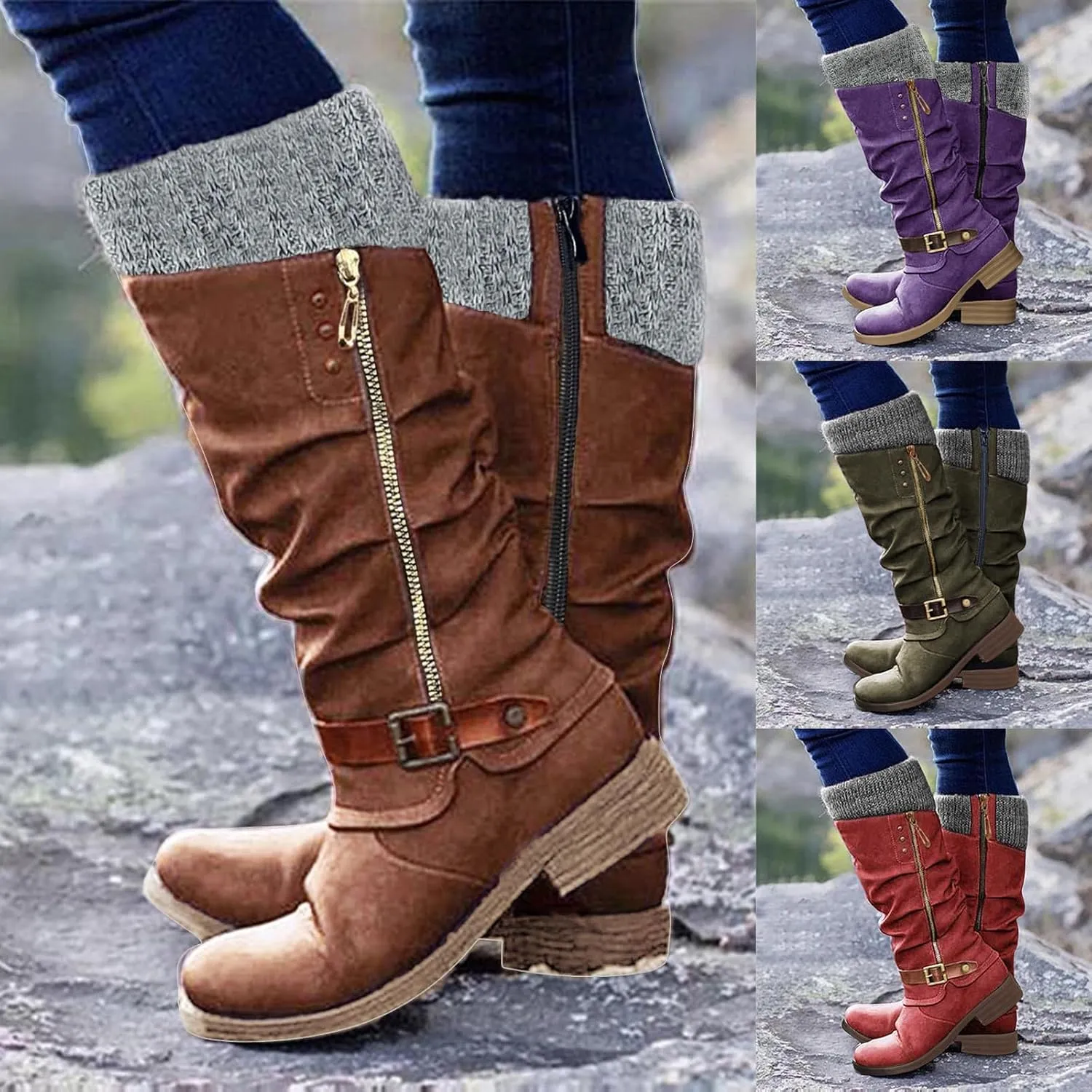 Hbeylia Knee High Boots for Women Mid Calf Flats Boots Sweater Knitted Cuff Fashion Side Zip Buckles Winter Boots Low Heel Motorcycle Riding Boots Round Toe Comfortable Tall Boots